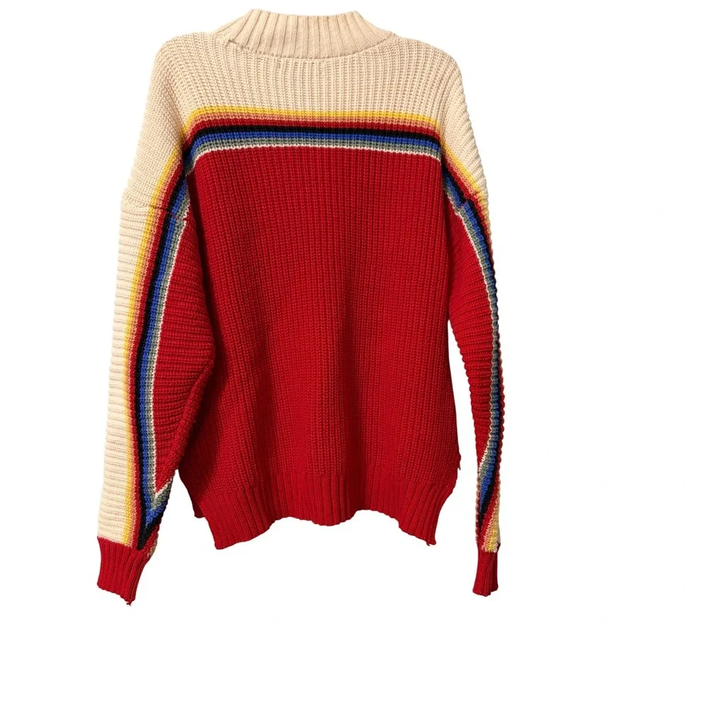 Forever 21 Womens Rainbow Stripe Colorblock Mock Neck Chunky Knit Sweater Red M - Picture 2 of 4